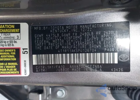 2023 Toyota Camry Le из США, поврежденный, VIN 4T1R11AK5PU126704